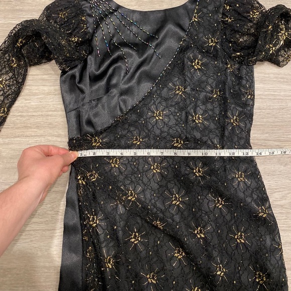 VINTAGE Black Satin Dress Printed Lace Overlay and Gold Detail | Modern Size XS - Picture 7 of 8